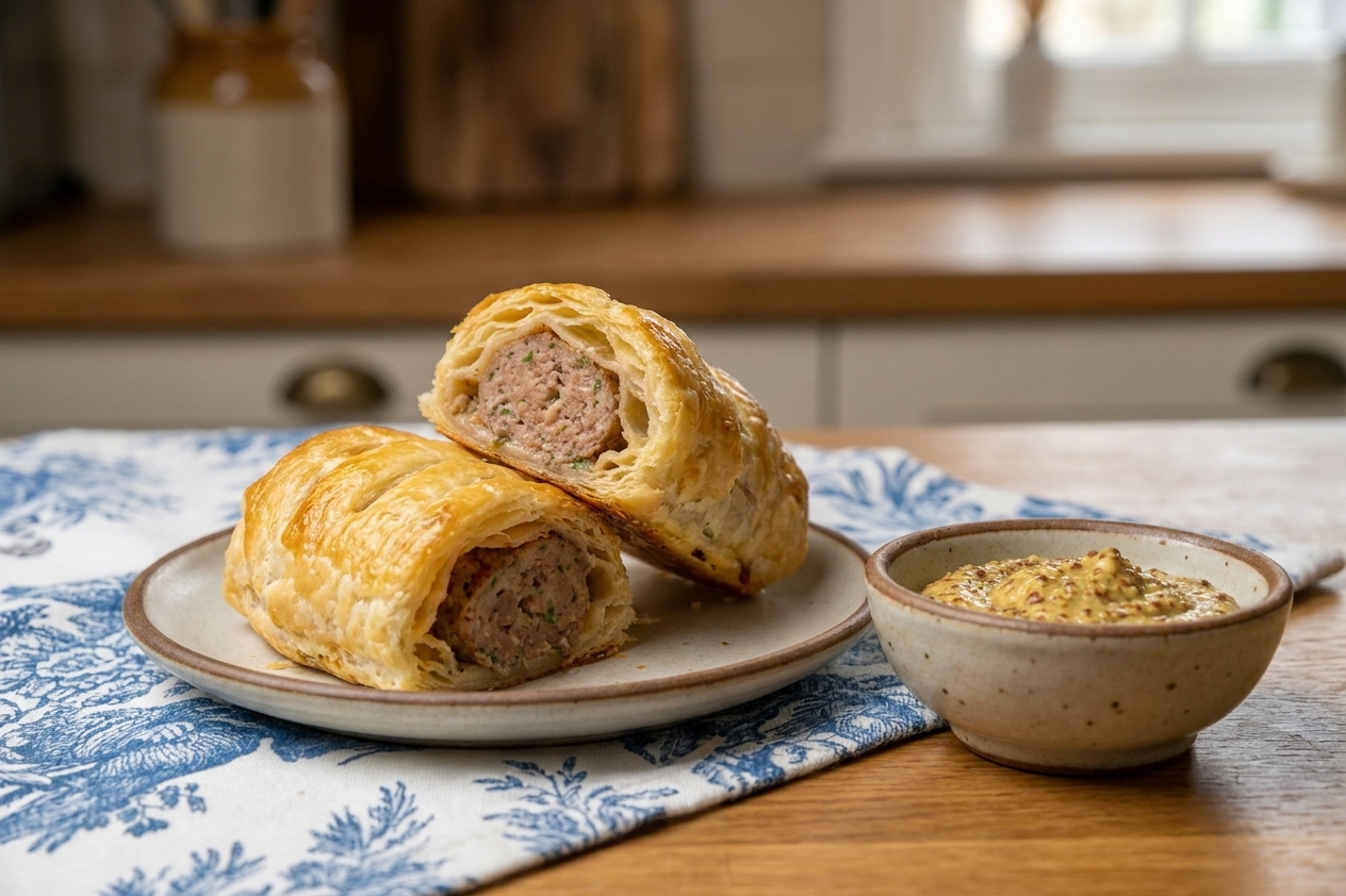 Two golden sausage rolls on a small plate with a ramekin of mustard on a simple table setting in a cozy kitchen