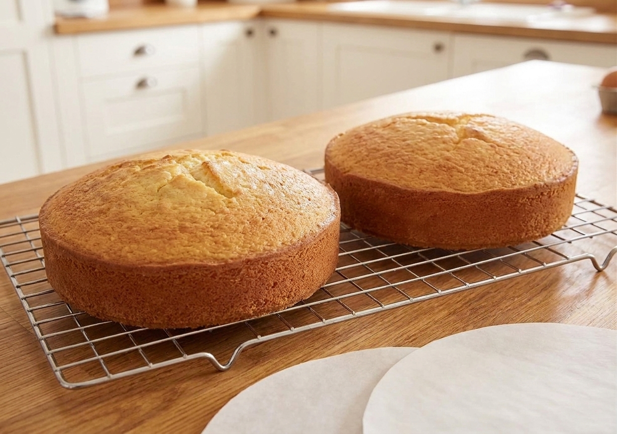 Two golden sponge cake layers cooling on a wire rack on a kitchen counter