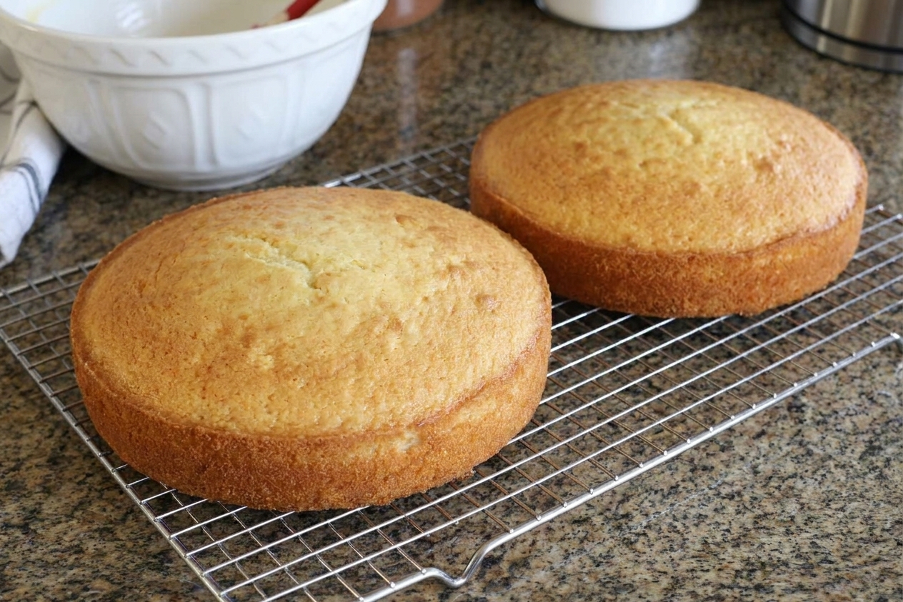 Two golden sponge cake layers cooling on a wire rack on a kitchen counter