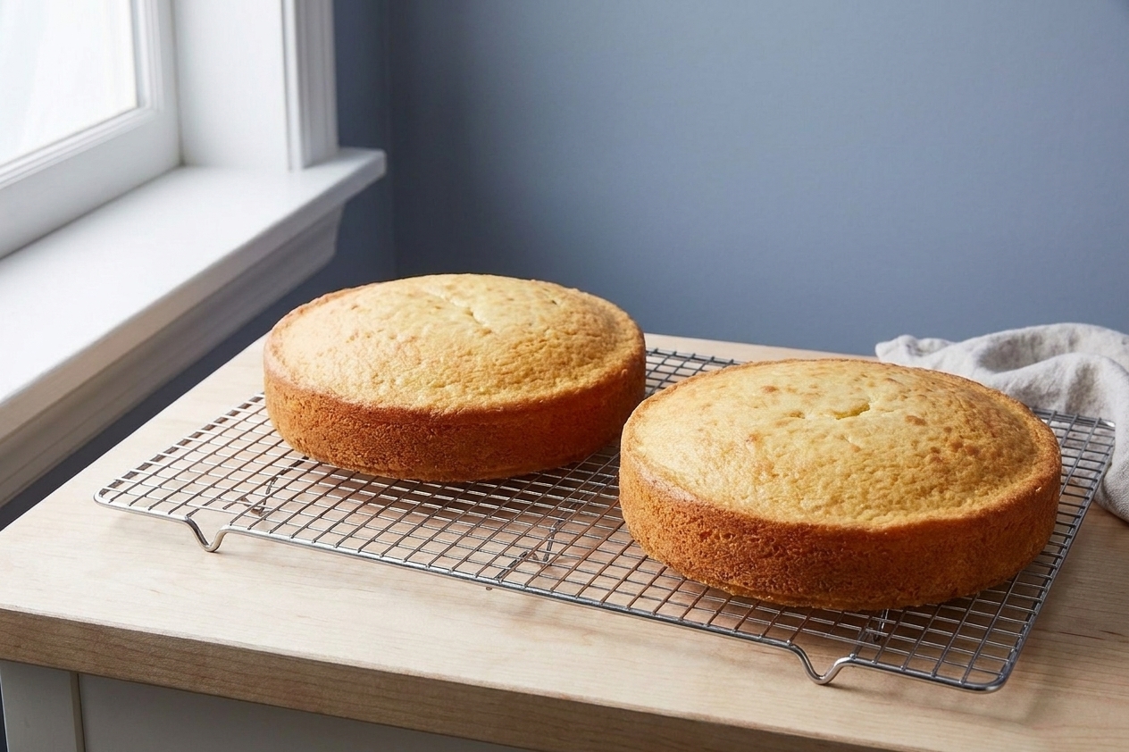 Two golden vanilla cake layers cooling on a wire rack in a home kitchen