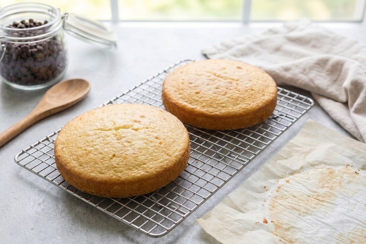 Two golden vanilla cake layers cooling on a wire rack on a kitchen counter with parchment paper nearby