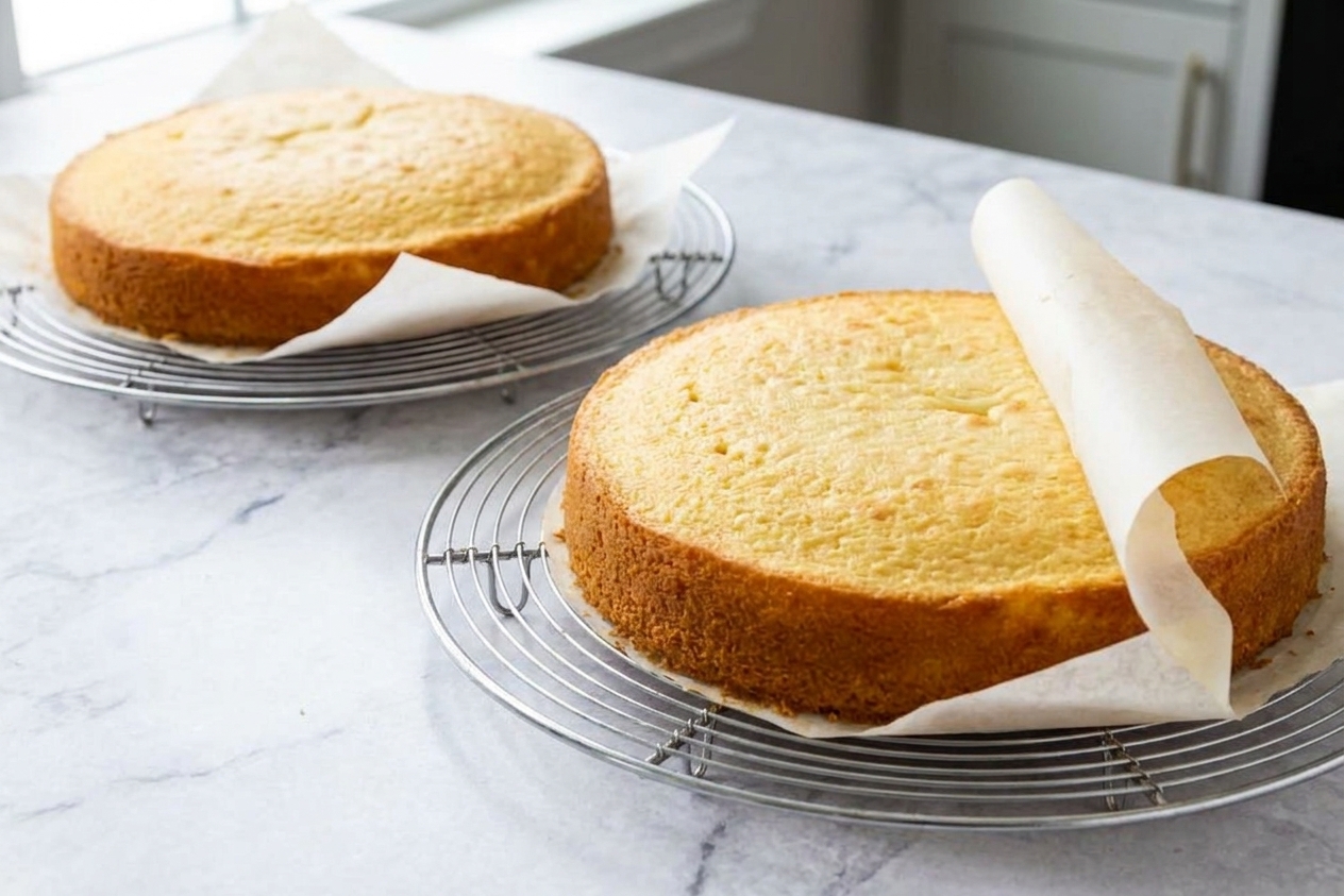 Two golden vanilla cake layers cooling on wire racks with parchment paper peeled back on a kitchen counter