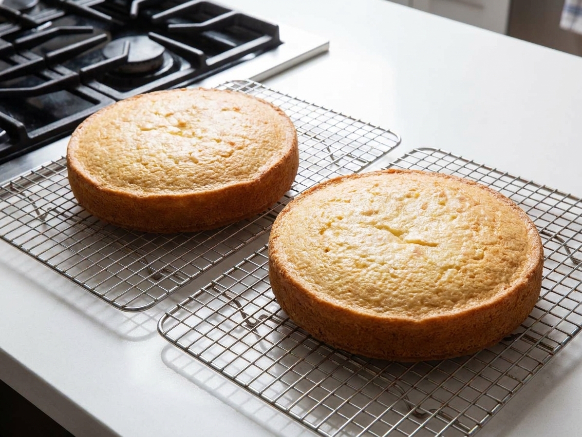 Two golden vanilla cake layers cooling on wire racks on a bright kitchen counter