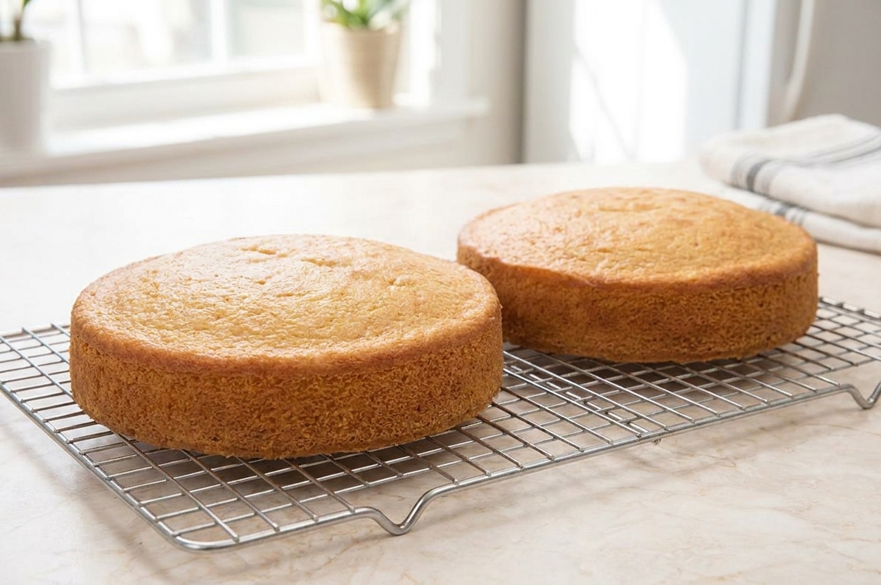 Two golden vegan vanilla cake layers cooling on a wire rack in a bright kitchen with natural window light