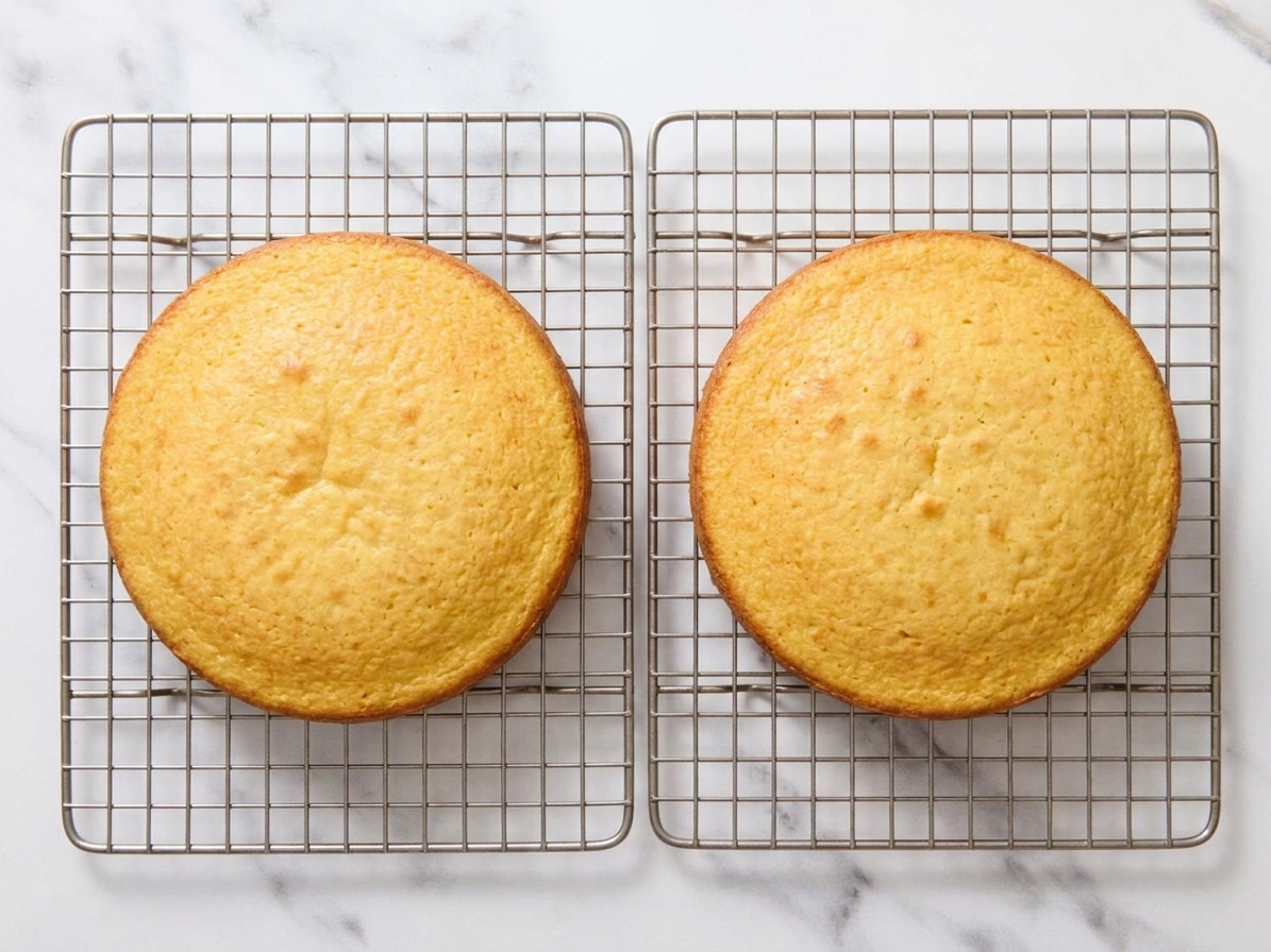 Two golden yellow cake layers cooling on wire racks on a kitchen counter