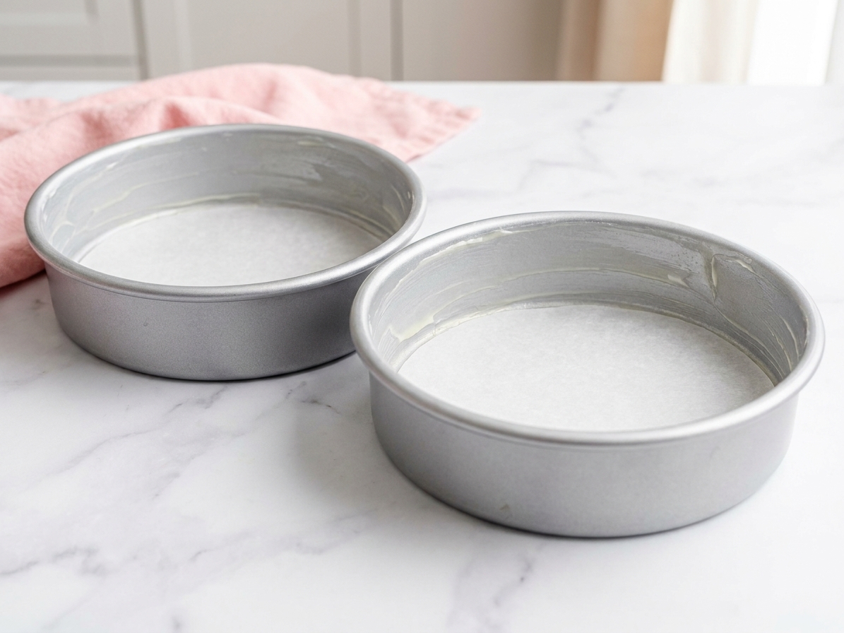 Two greased 6-inch cake pans lined with parchment rounds on a clean kitchen counter