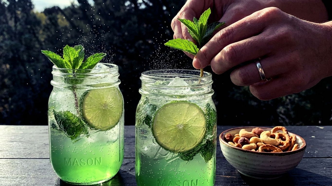 Two green mocktails garnished with mint sprigs and lime wheels beside a small bowl of snacks