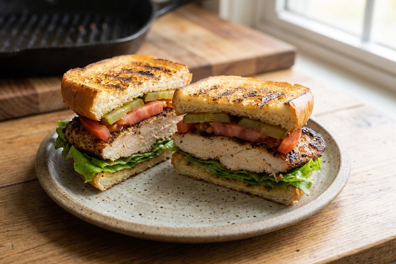 Two grilled chicken sandwiches cut in half on a stoneware plate with lettuce, tomato, and pickles, set on a wooden kitchen table in soft natural light
