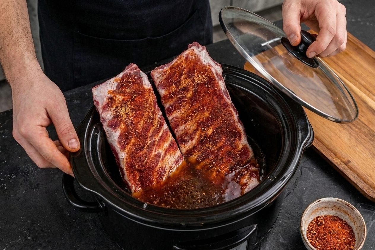 Two half racks of seasoned ribs arranged upright inside a slow cooker with a small amount of liquid at the bottom