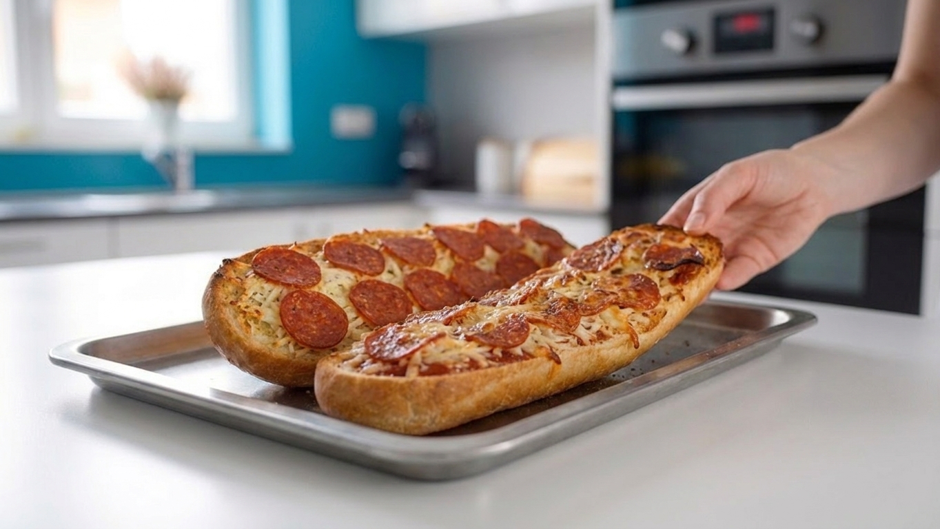 Two halves of French bread pizza on a rimmed baking sheet with bubbling mozzarella, pepperoni, and browned crust edges in a warm home kitchen