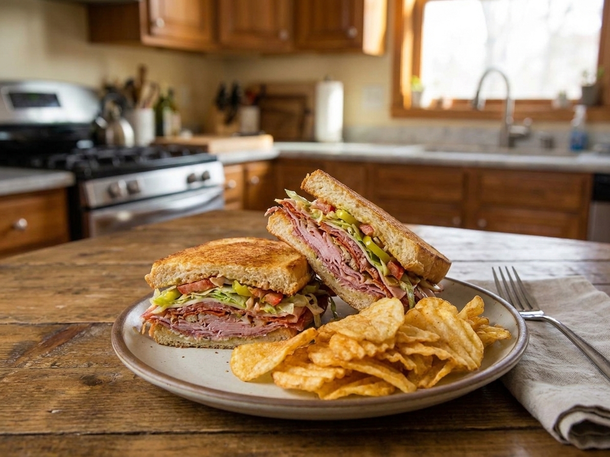 Two halves of a chopped Italian sandwich on a plate with potato chips on a casual dinner table