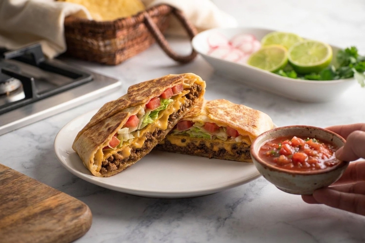 Two halves of a homemade Crunchwrap on a plate with a small bowl of salsa and a simple table setting
