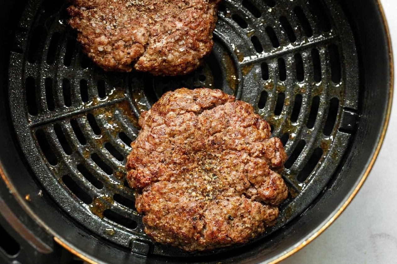 Two hamburger patties cooking inside an air fryer basket, browned around the edges with fat rendering into the bottom