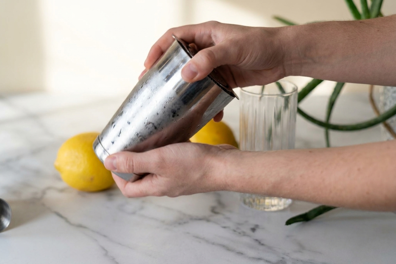 Two hands holding a metal cocktail shaker mid-shake on a home kitchen counter, preparing a fizz cocktail