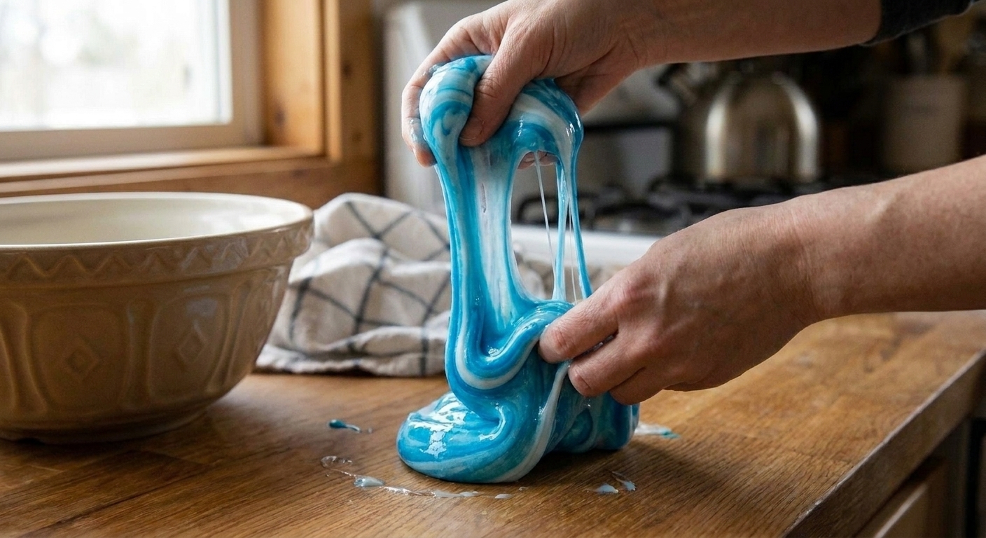 Two hands kneading a glossy blob of slime over a bowl on a kitchen counter, with a few sticky strands stretching