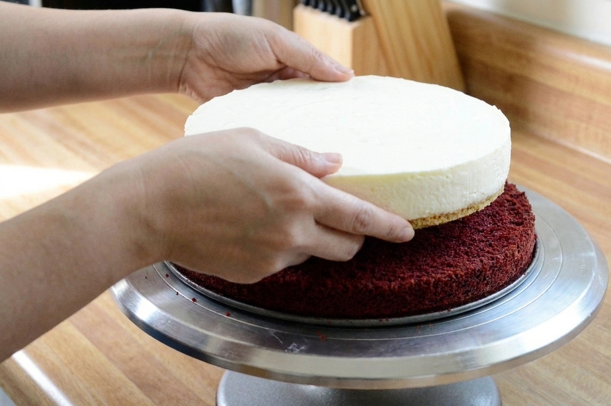 Two hands lifting a chilled cheesecake layer onto a red velvet cake base on a cake stand
