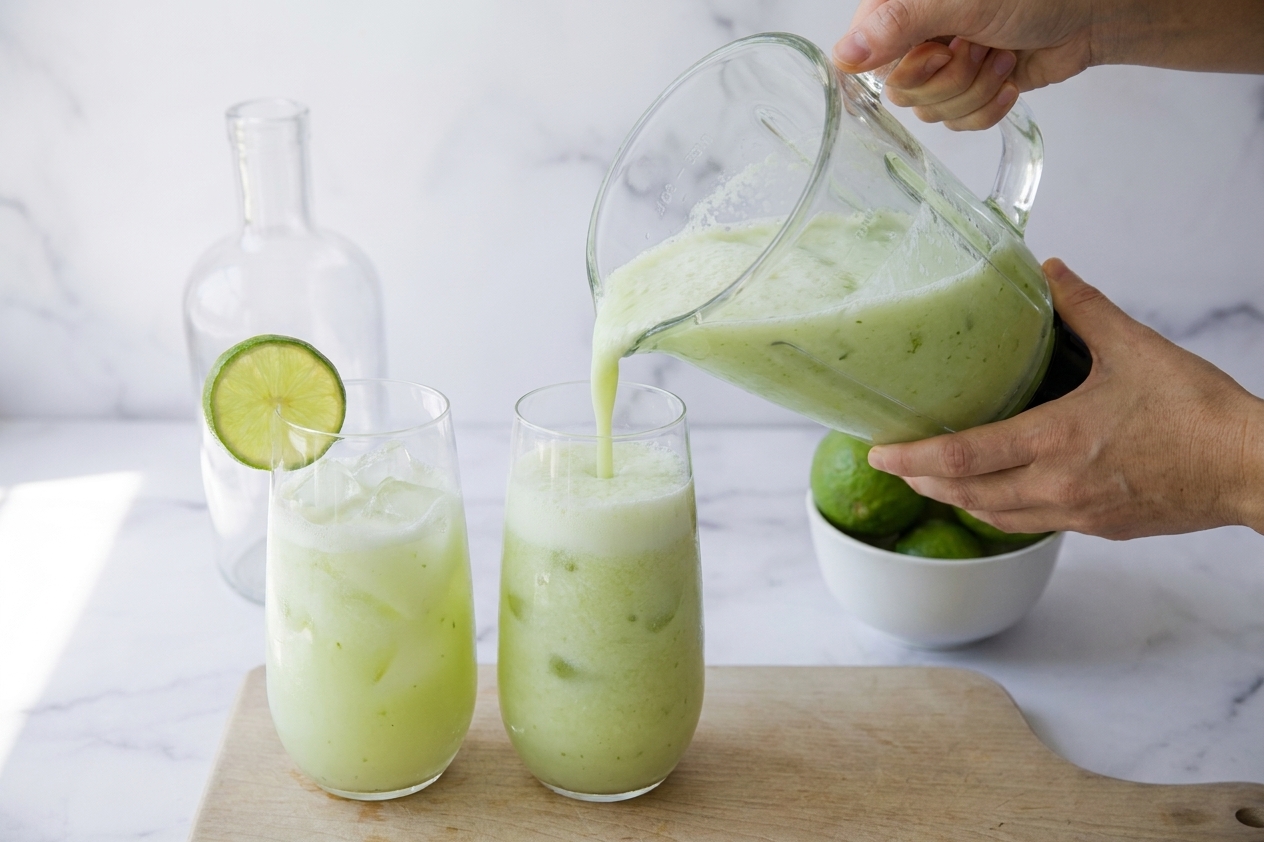 Two hands pouring frothy Brazilian lemonade from a pitcher into ice-filled glasses on a kitchen counter, limes nearby