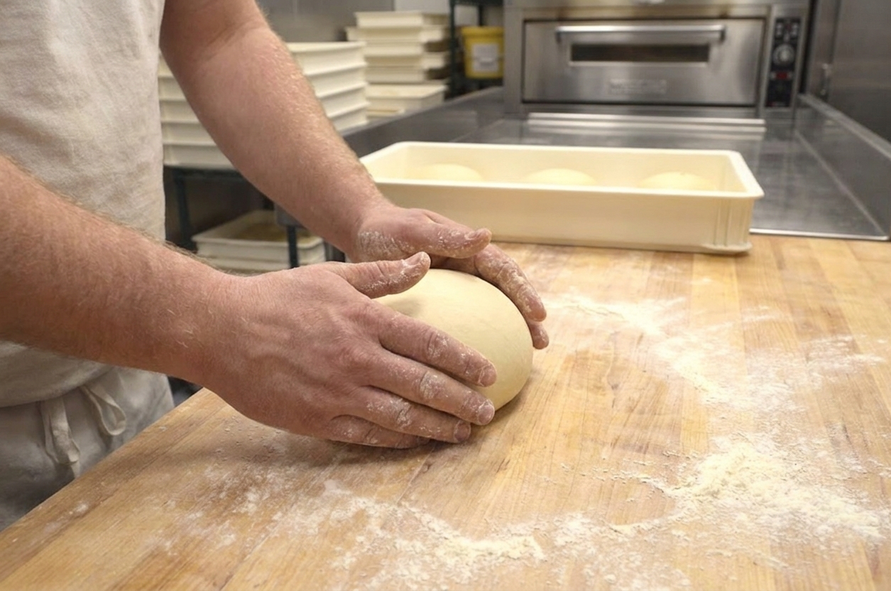 Two hands shaping a smooth pizza dough ball on a lightly floured wooden counter, mid-roll with gentle tension