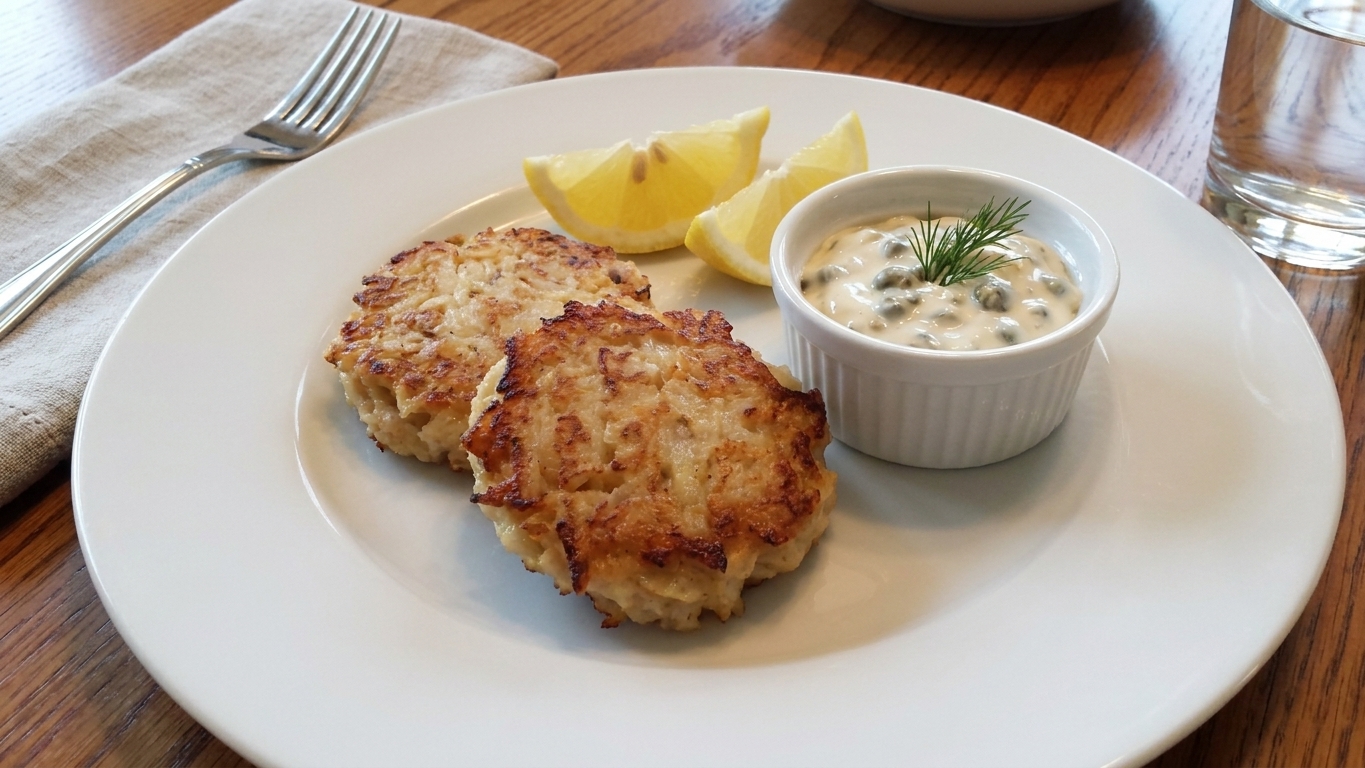 Two hearts of palm cakes plated with lemon wedges and a small ramekin of caper mayo on a simple dinner table setting