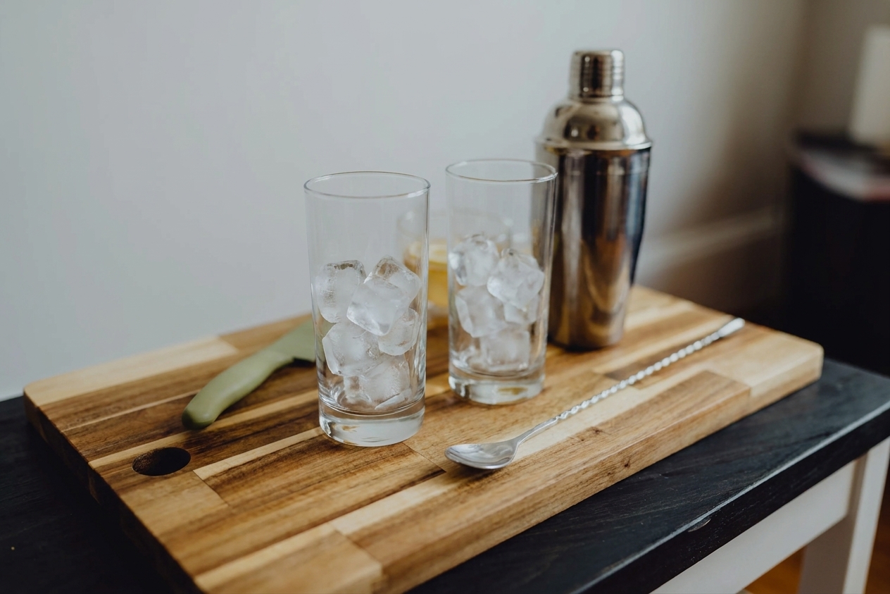 Two highball glasses filled with ice on a kitchen counter, ready for mixing
