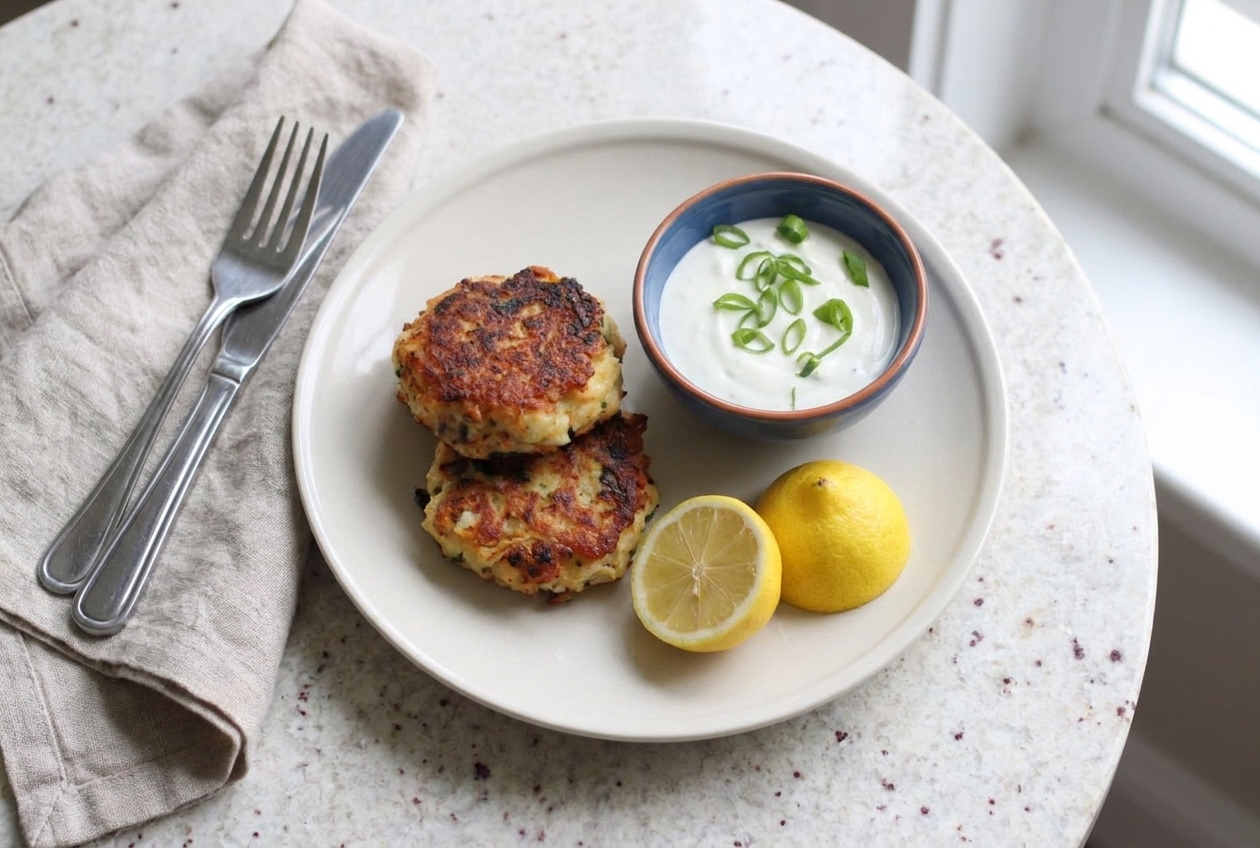 Two homemade fishcakes stacked on a plate with lemon wedges and a small bowl of creamy dipping sauce on a simple dinner table setting