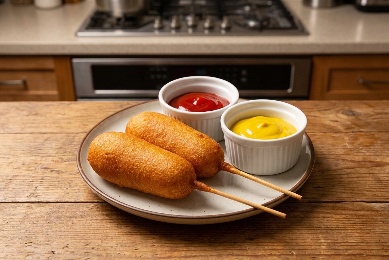 Two homemade pogos on a plate with small ramekins of ketchup and mustard on a wooden table under warm kitchen lighting