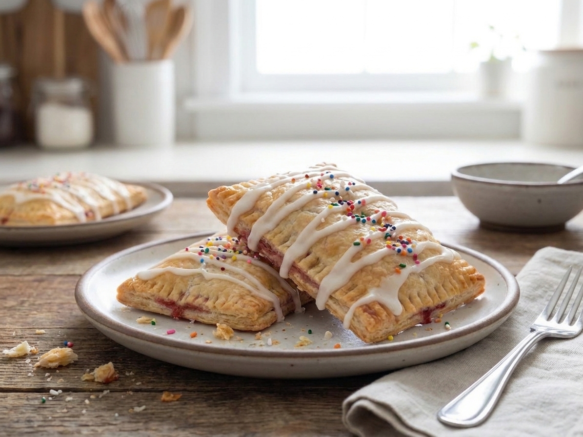 Two iced strawberry pop tarts stacked on a small plate with crumbs scattered on the table