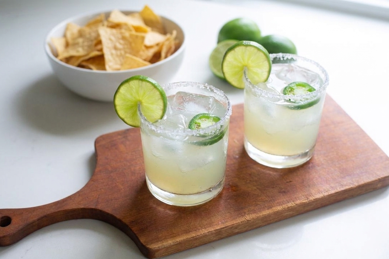 Two jalapeño margaritas on a small table with salted rims, lime wedges, and a bowl of tortilla chips in the background