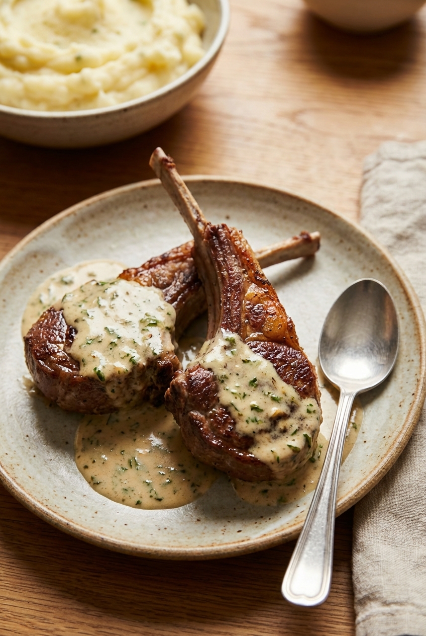 Two lamb chops plated with creamy sauce and a spoon, with mashed potatoes in the background