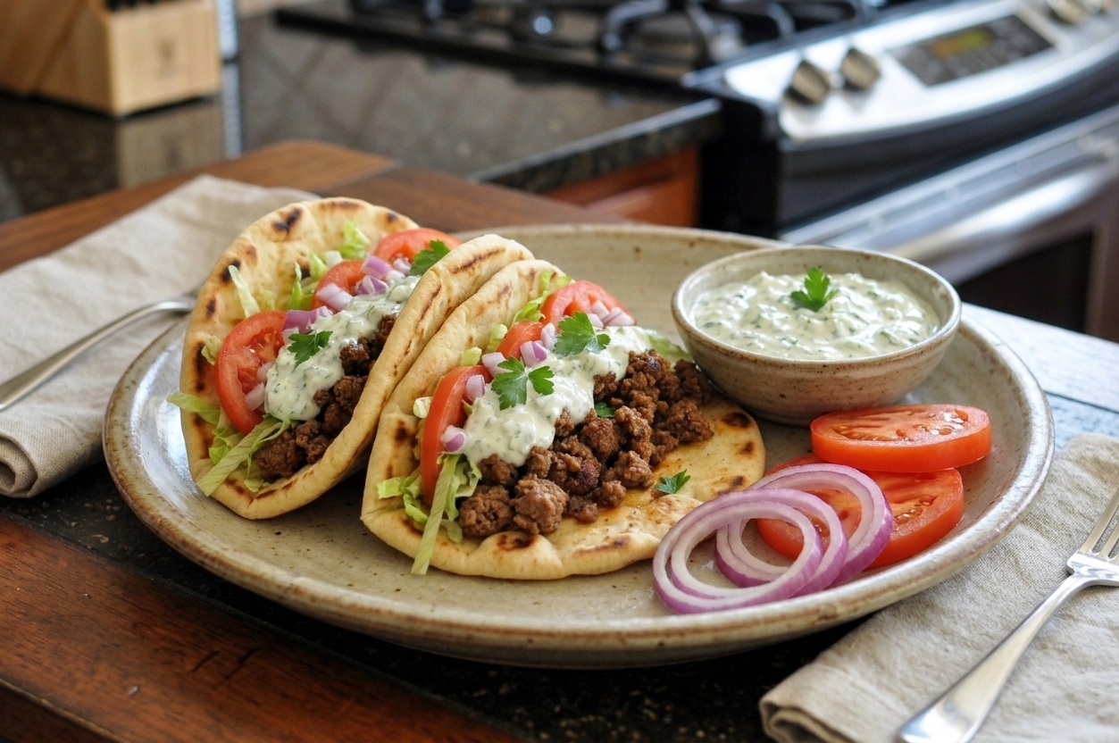 Two lamb gyros on a platter with a small bowl of tzatziki and sliced tomatoes and red onion on the side, warm kitchen lighting