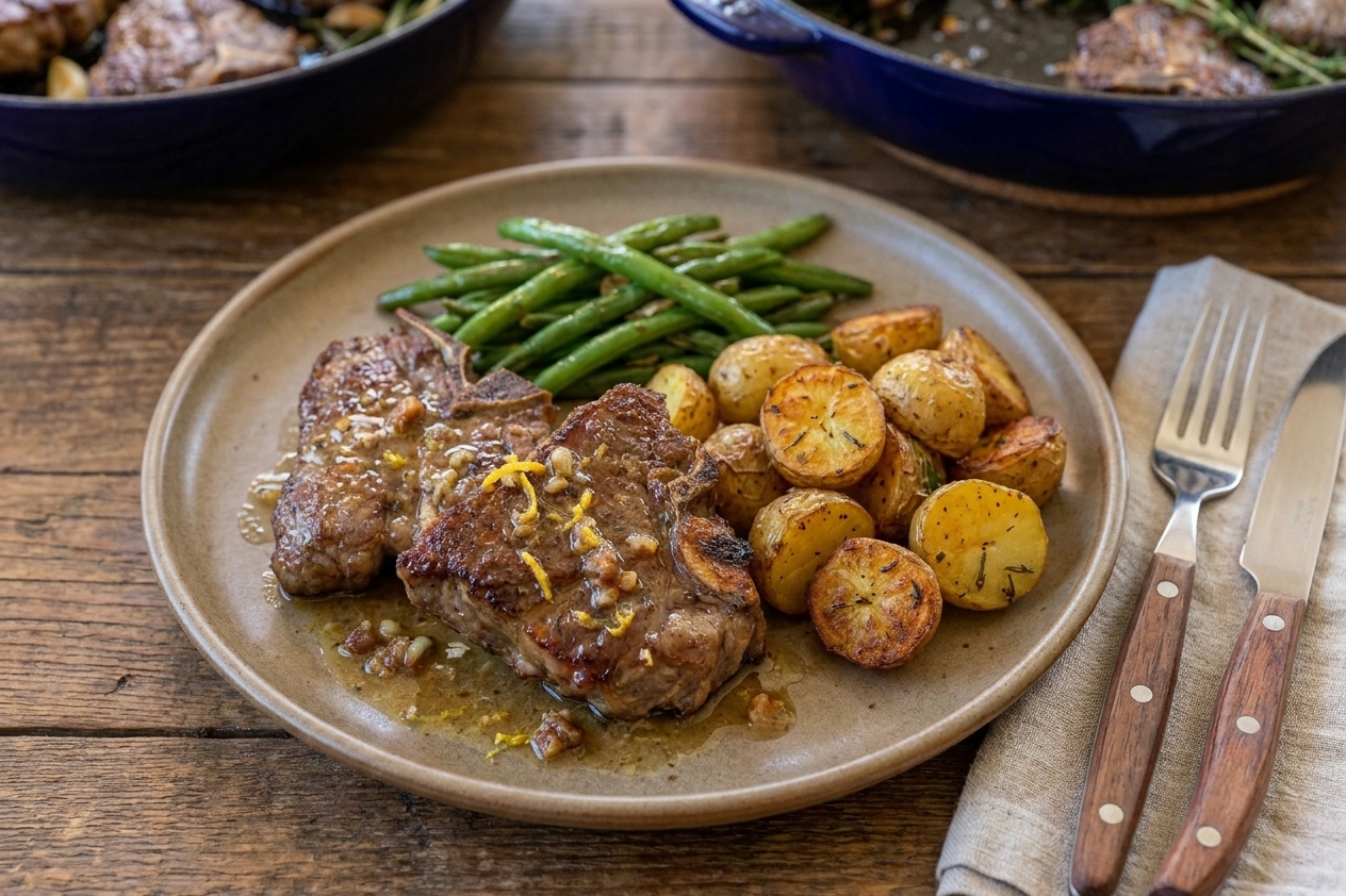 Two lamb loin chops plated with a drizzle of lemon pan sauce, roasted potatoes and green beans on the side, set on a simple dinner table