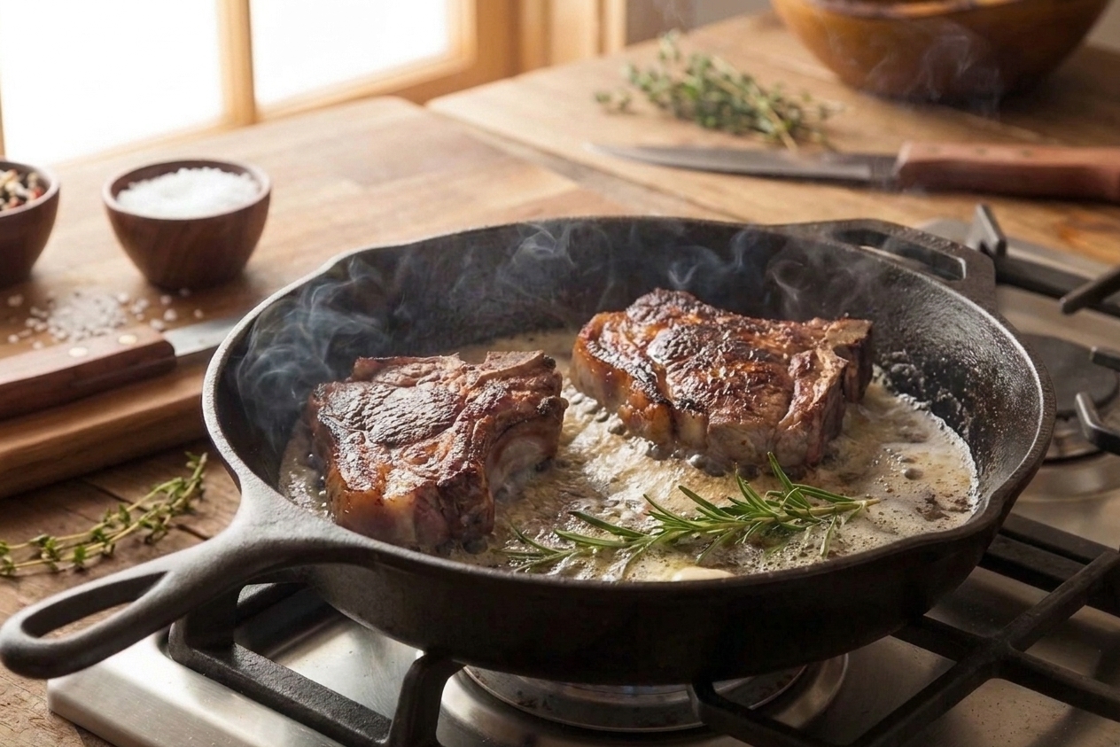 Two lamb shoulder chops sizzling in a cast iron skillet with foaming butter and rosemary, photographed on a home stove with warm lighting