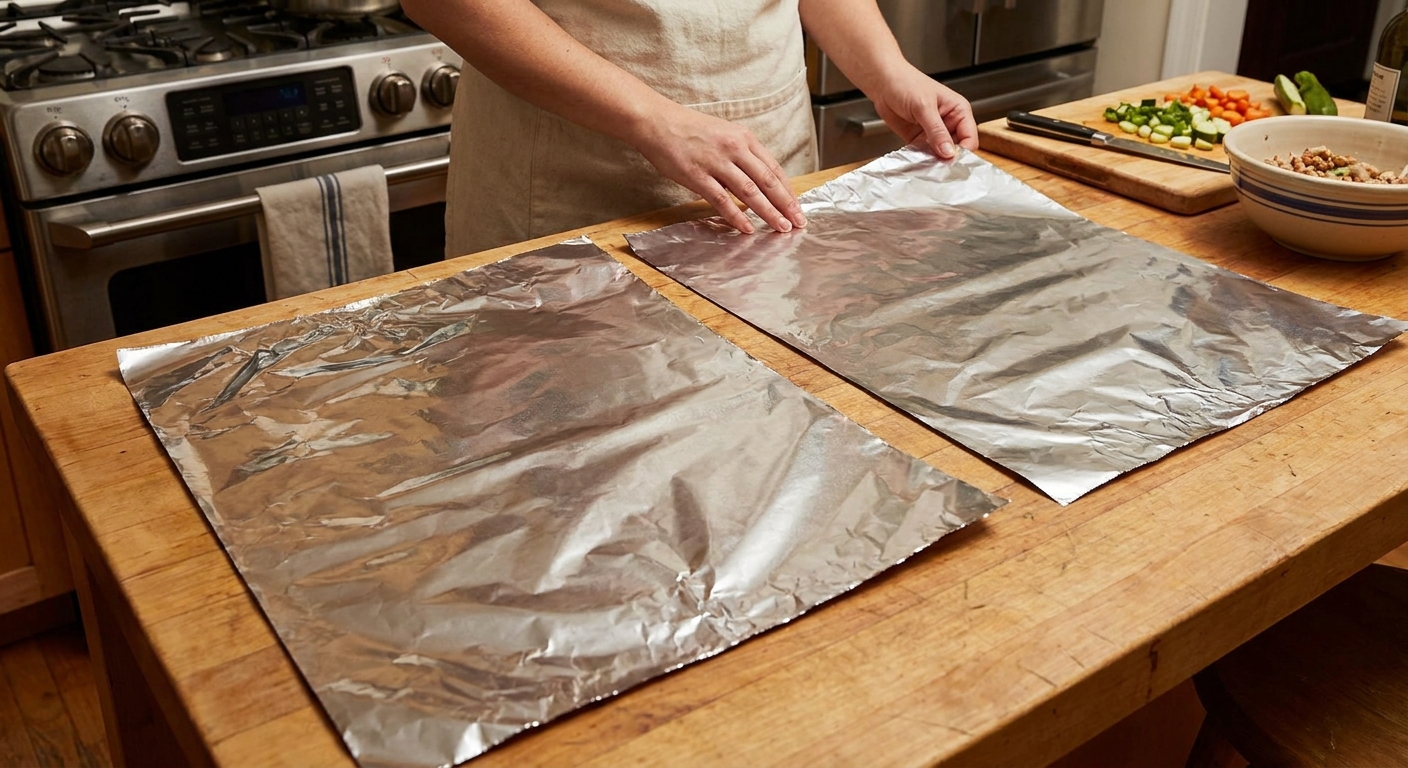 Two large sheets of heavy-duty aluminum foil laid flat on a counter, ready to be filled