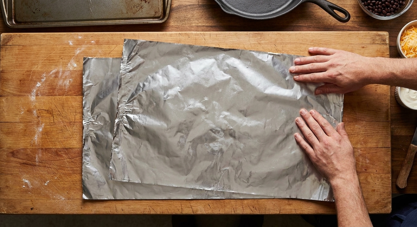 Two large sheets of heavy-duty aluminum foil layered on a prep table