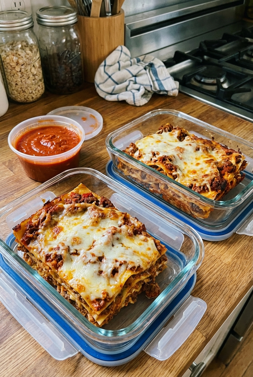 Two lasagna slices in meal prep containers with a small container of extra sauce beside them