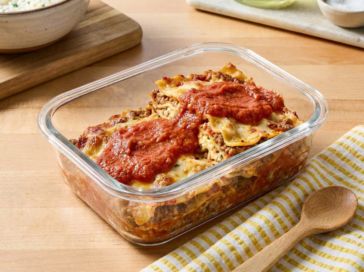 Two lasagna slices stored in a clear glass meal prep container with a little extra marinara on top sitting on a kitchen counter