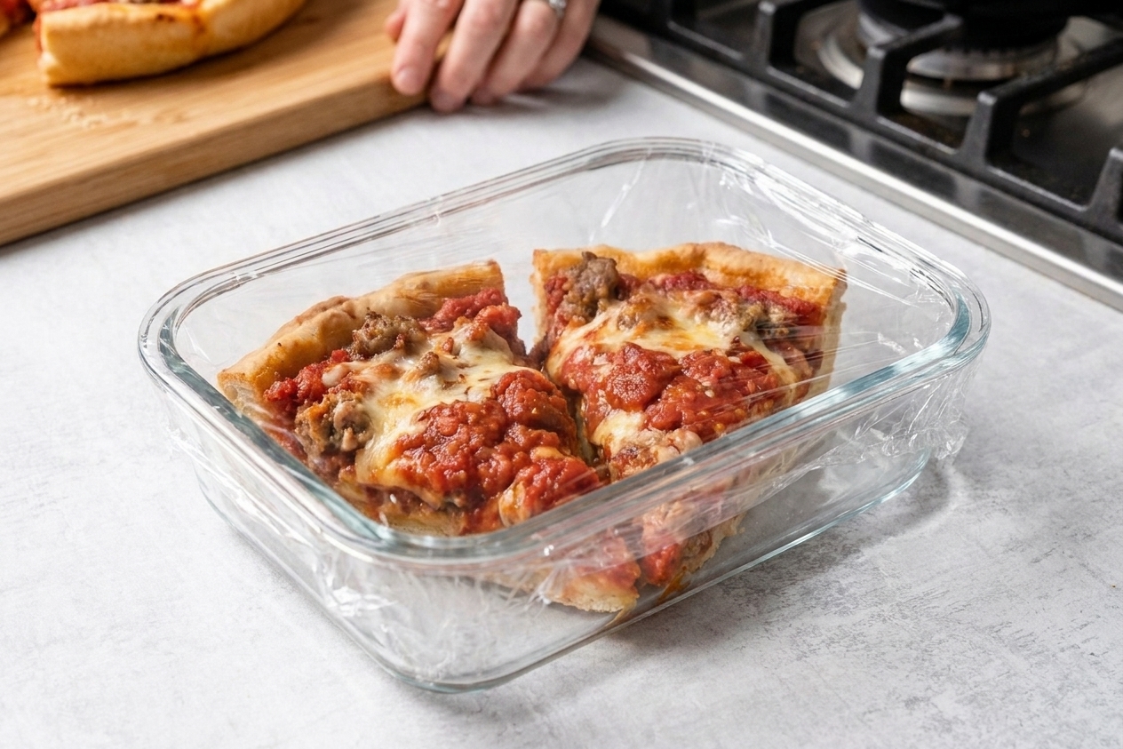 Two leftover deep dish pizza slices in a glass storage container on a kitchen counter, wrapped and ready to refrigerate