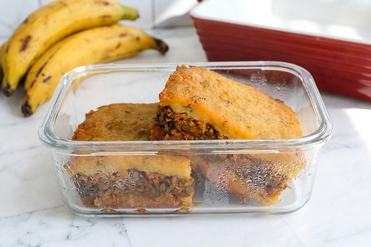 Two leftover pastelón slices in a glass airtight meal-prep container on a kitchen counter with condensation visible on the lid