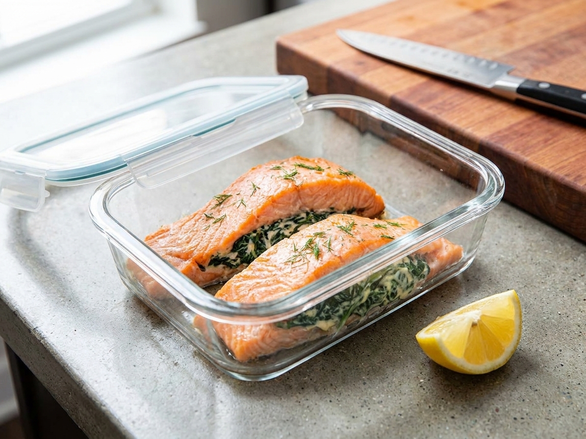 Two leftover stuffed salmon portions in a clear airtight container on a kitchen counter, with a lemon wedge nearby