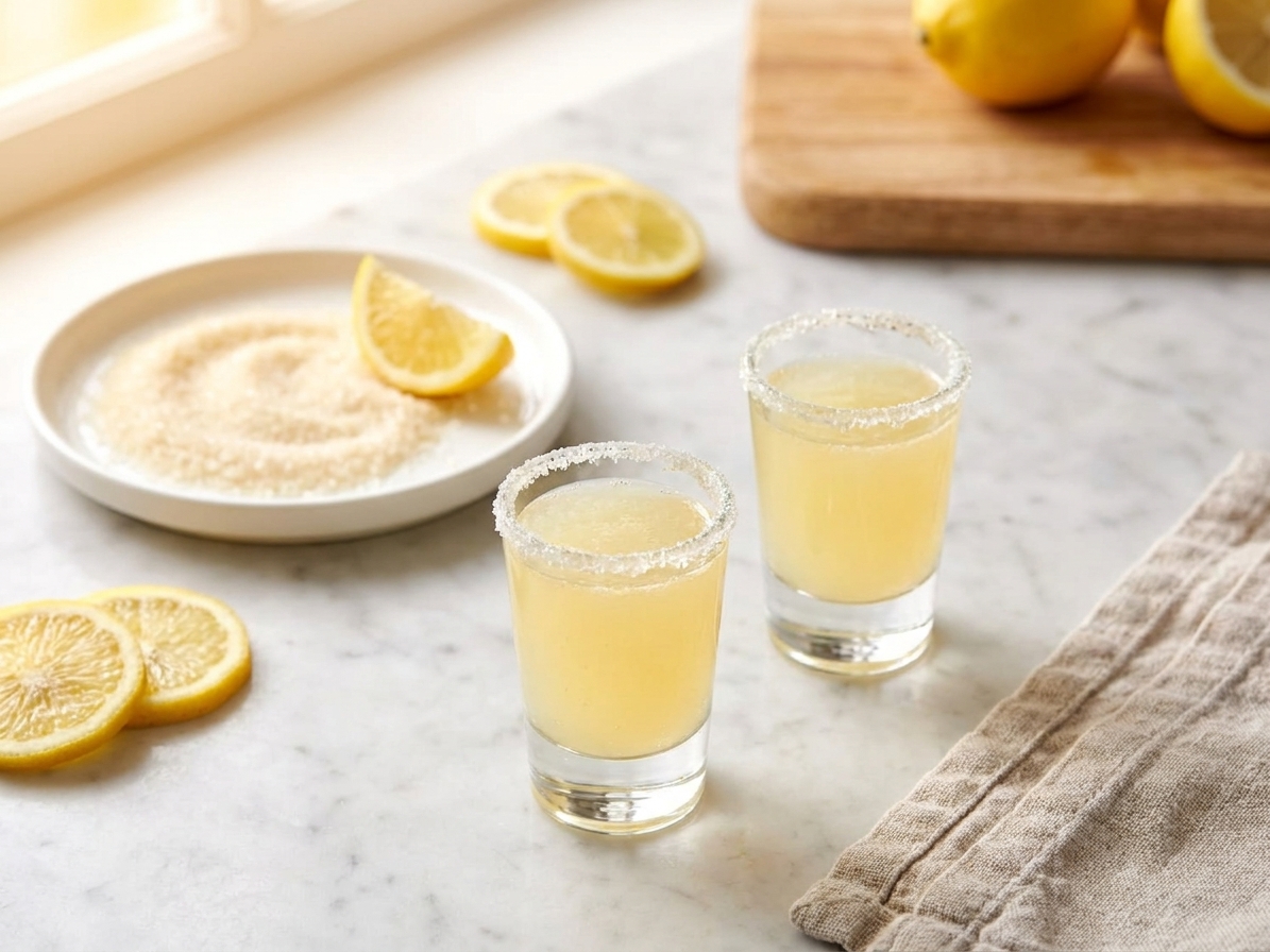 Two lemon drop shots with sugared rims on a simple table setting with lemon slices and a small bowl of sugar nearby