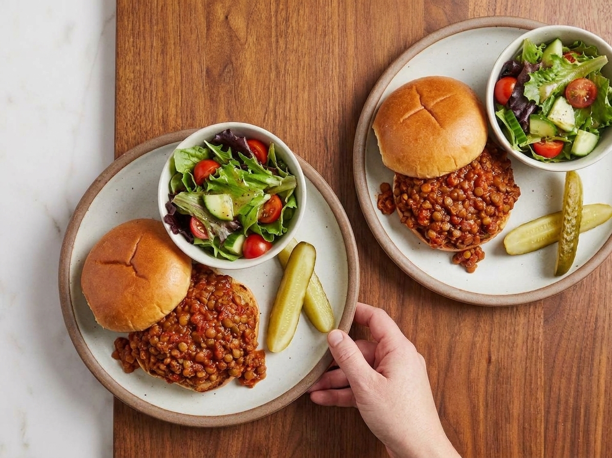 Two lentil sloppy joe sandwiches on plates with pickles and a simple side salad on a dinner table