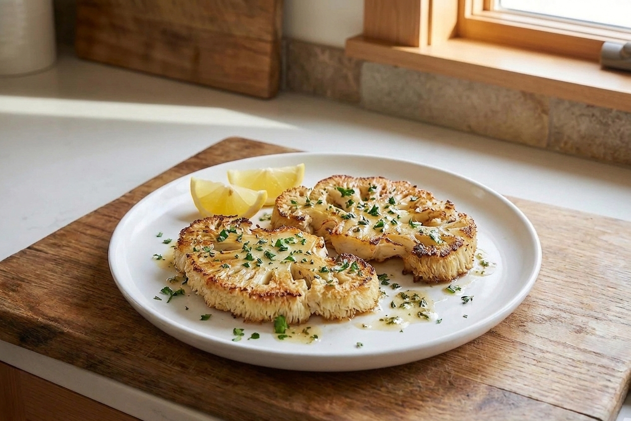Two lion’s mane mushroom steaks plated on a white dinner plate with chopped herbs, lemon wedges, and a light drizzle of garlic butter sauce on a wooden table