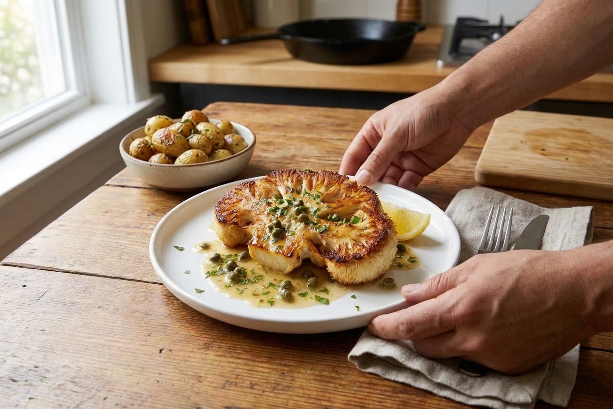 Two lion’s mane mushroom steaks plated with lemon caper sauce and chopped parsley, served with a simple side on a neutral table setting