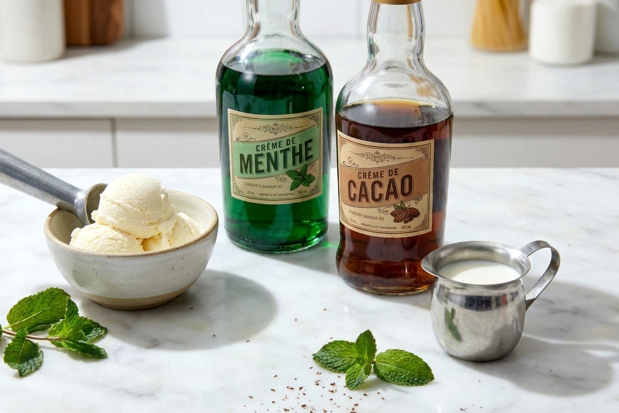 Two liqueur bottles labeled crème de menthe and crème de cacao next to vanilla ice cream and a small pitcher of milk on a kitchen counter