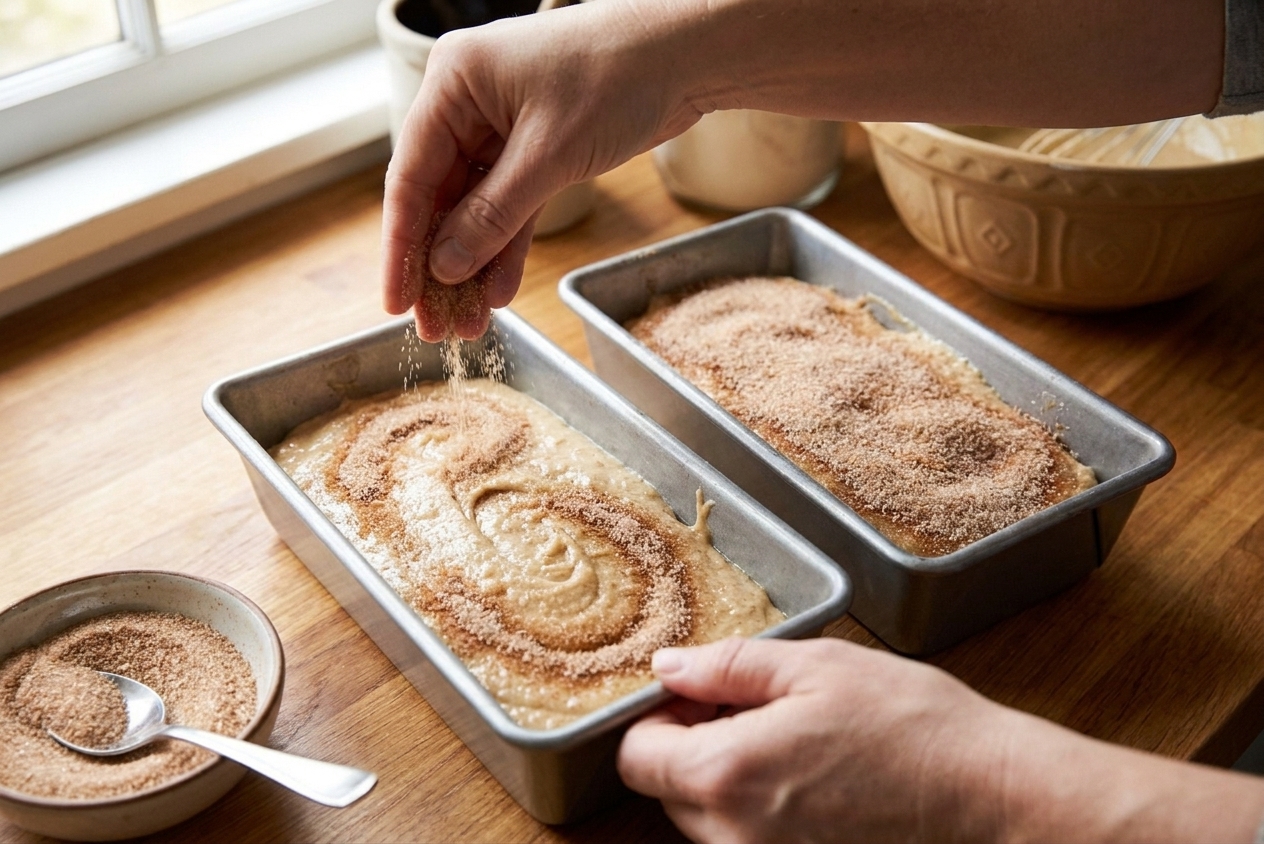Two loaf pans filled with batter as cinnamon sugar is sprinkled to create a swirl and a sweet topping