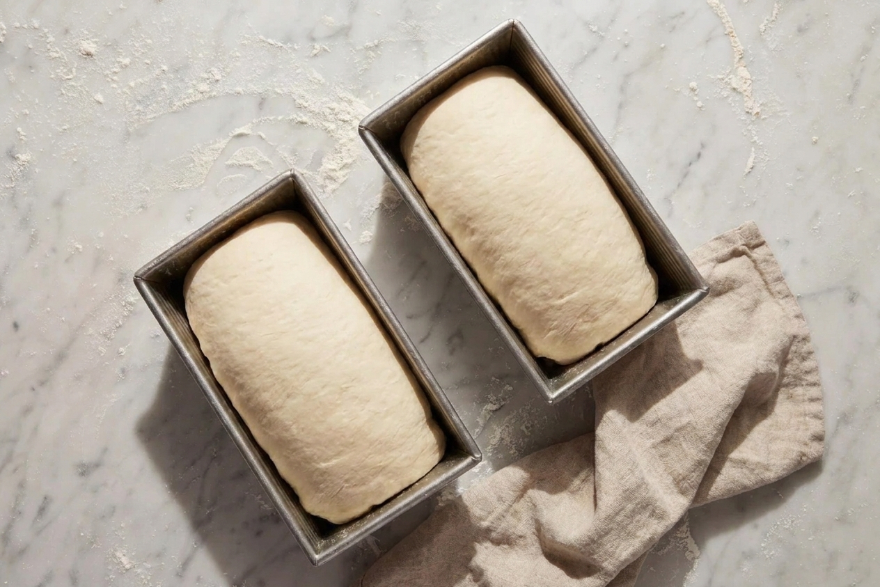 Two loaf pans filled with shaped bread dough, risen and rounded at the top on a kitchen counter
