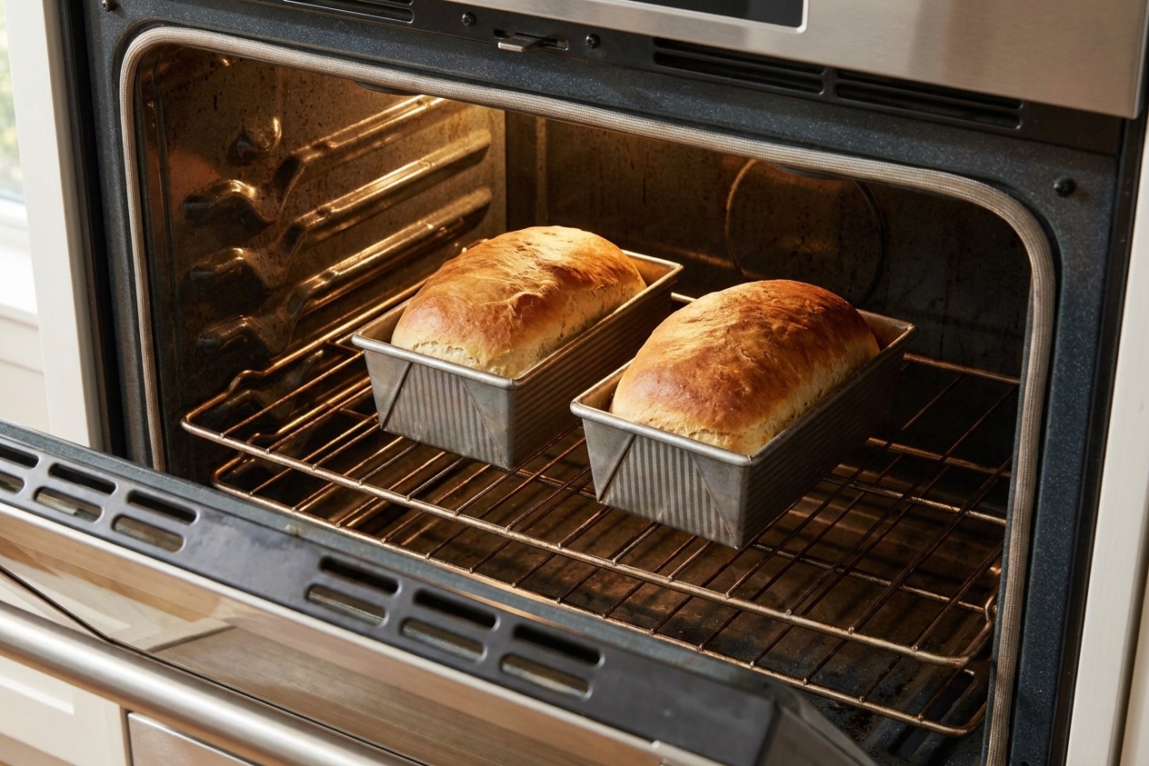 Two loaf pans of bread baking on the middle rack of a home oven, tops turning golden brown