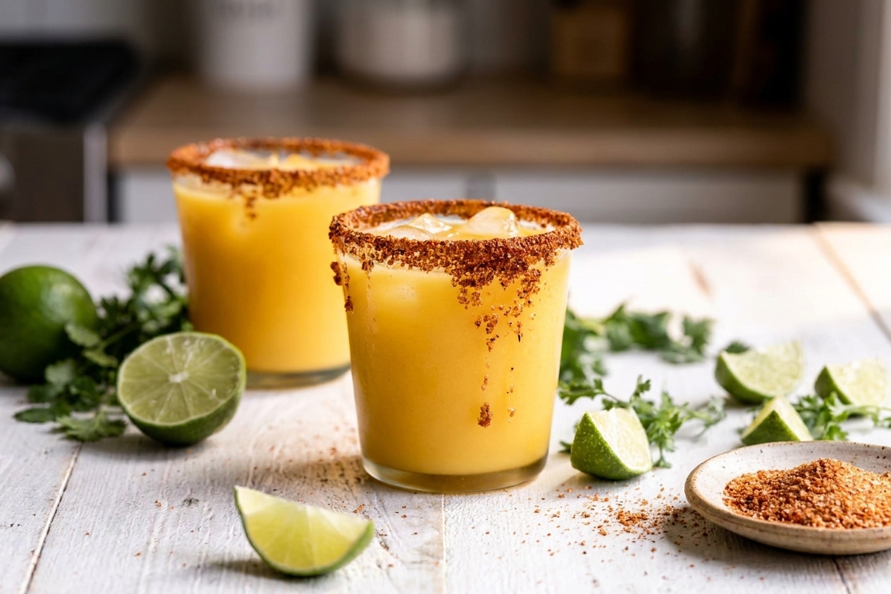 Two mango margaritas with chili-salt rims on a simple table setting with limes nearby in warm natural light