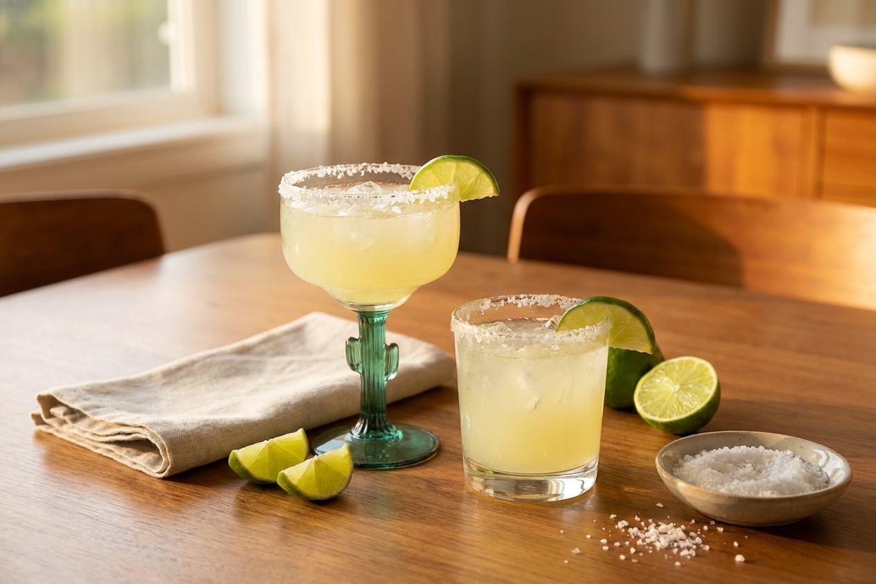 Two margaritas with salted rims on a dining table with a simple linen napkin, lime wedges, and a small bowl of salt in warm evening light