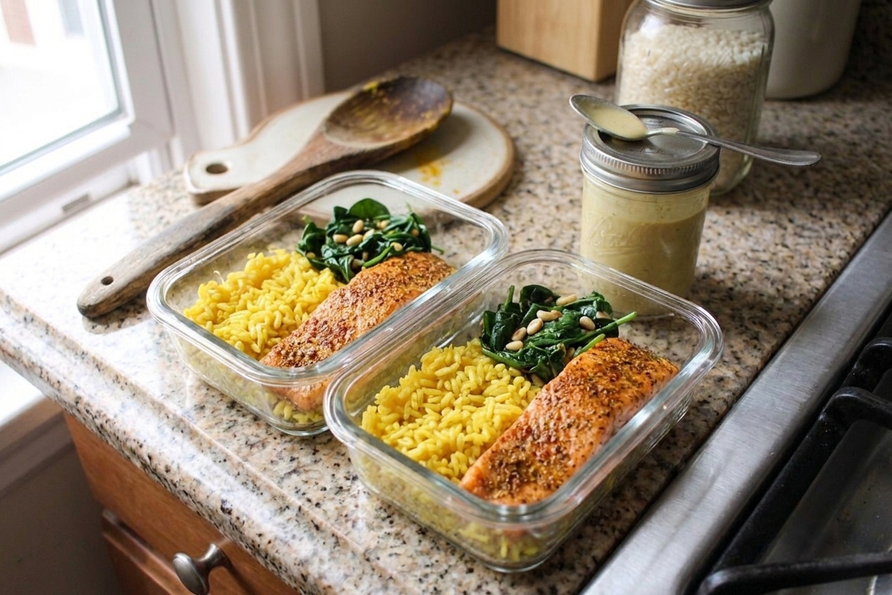 Two meal prep containers filled with turmeric rice, salmon, and greens with a small container of sauce beside them on a kitchen counter